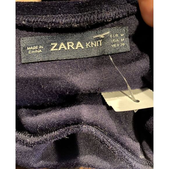 Zara Cold Shoulder Velvet Knit Blouse Mock Neck Top Long Sleeves M Deep Blue - Picture 6 of 15